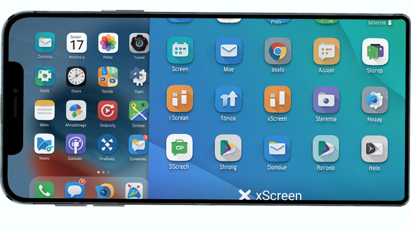 主体为xScreen超级桌面安卓版界面预览,布局展示手机主屏幕右侧扩展出的虚拟屏区域,排版清晰呈现多个应用图标排列,风格为现代扁平化UI设计,细节包含清晰的图标阴影与背景渐变,画质高清,干净,无多余元素,文字包含