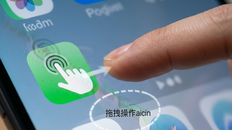 主体为手指长按应用图标并拖向屏幕右侧的动作演示,布局聚焦于手势轨迹与图标移动路径,排版简洁突出交互过程,风格写实摄影风,细节包含手指触碰屏幕的光泽感,画质高清,干净,无多余元素,文字包含