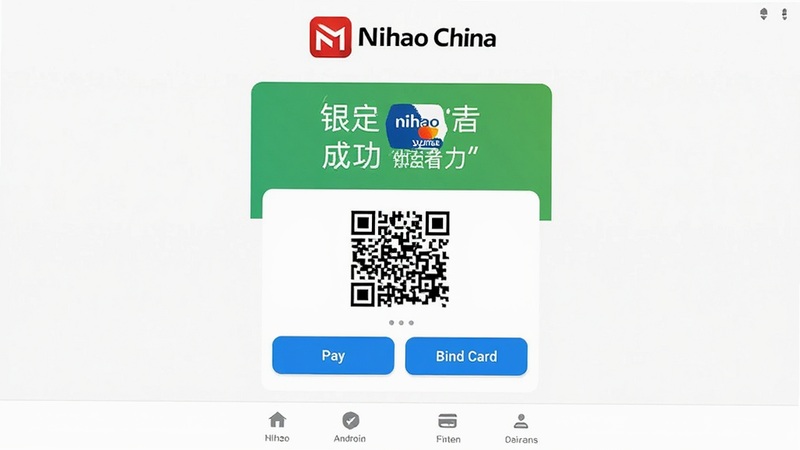 ����ΪNihao China��׿Ӧ�ý����ͼ������������������ʾӦ��Logo���м�չʾ�������󶨳ɹ�״̬����ά��֧����ڣ��ײ�Ϊ������������ִ���Լ��ϸ�ڰ��������İ�ť���֡�Pay���͡�Bind Card�������ʸ��壬�ɾ��޶���Ԫ�أ����ּ�����