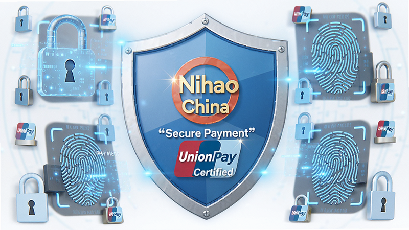 ����ΪNihao China��ȫ��֤����ͼ�꣬���־��У���Χ�����ż�������ָ��ʶ��ͼ�������Ƽ���ǿ��ϸ����ʾ��Secure Payment���͡�UnionPay Certified����������������������ɫ�����ּ�����