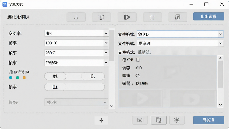 “字幕大师”软件的导出设置界面,显示视频分辨率、帧率选项以及文件格式选择列表,界面简洁明了,按钮清晰,体现专业的视频处理功能,高清UI设计,无杂乱元素