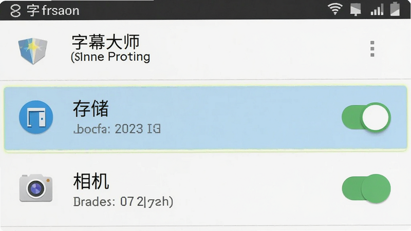安卓手机设置界面截图风格,显示“字幕大师”应用的权限管理页面,高亮显示“存储”和“相机”权限的开启状态,界面清晰,文字可读,体现系统级配置,高清模拟图,无水印
