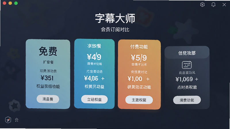 “字幕大师”软件的会员订阅界面,展示不同套餐的价格和权益对比,界面设计简洁现代,突出免费与付费功能的区别,色彩柔和,高清UI展示,无误导信息