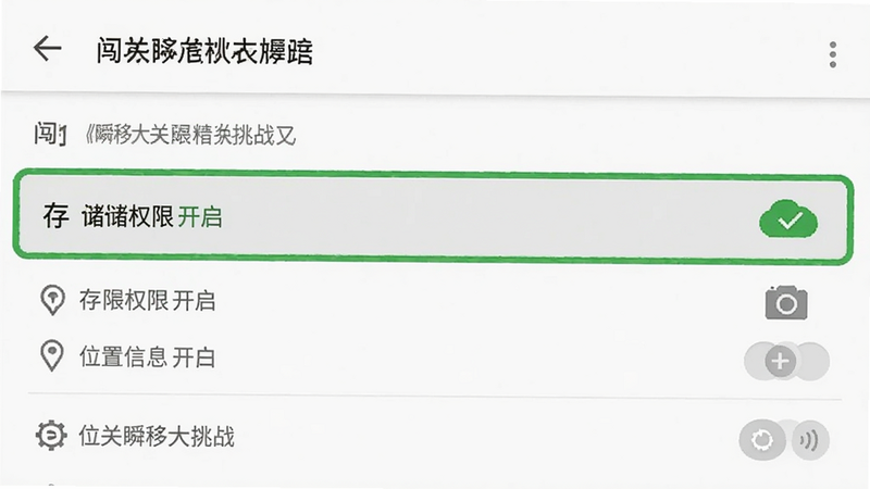 手机设置界面模拟图,展示《闯关瞬移大挑战》在安卓系统中的权限管理页面,高亮显示存储权限已开启,其他权限如相机、位置信息处于关闭状态,界面简洁清晰,安卓原生风格,白色背景,灰色文字,关键权限项用绿色对勾标记,高清UI设计