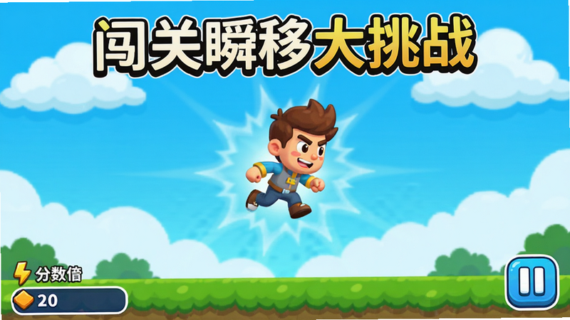 一张横版游戏界面截图,主体为《闯关瞬移大挑战》游戏画面,中央是一个卡通角色正在空中瞬移,背景是明亮的蓝色天空和绿色草地,左下角有分数显示,右下角有暂停按钮,整体风格扁平化卡通,色彩鲜艳,高清画质,无多余元素