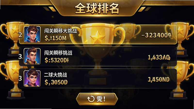 游戏高分排行截图,展示《闯关瞬移大挑战》的全球排行榜界面,前三名玩家头像和分数清晰可见,背景为金色奖杯图标,界面顶部显示“全球排名”字样,底部有刷新按钮,整体风格高端大气,金色与深色背景对比鲜明,高清数字艺术风格