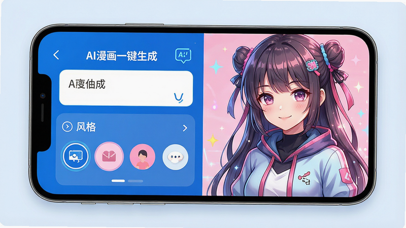一张展示“AI漫画一键生成”手机应用界面的高清预览图,主体为手机屏幕,布局清晰,左侧显示输入框和风格选择栏,右侧展示生成的精美动漫少女角色,排版整洁,风格为现代科技蓝与二次元粉色调搭配,细节丰富,画质高清,干净无多余元素,文字“AI漫画一键生成”清晰可见