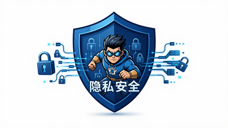 展示数据隐私保护概念的图片,主体为盾牌图标包裹着漫画角色,布局中心对称,排版稳重,风格为深蓝色科技风,细节包含锁头和数据流,画质清晰,干净背景,文字“隐私安全”
