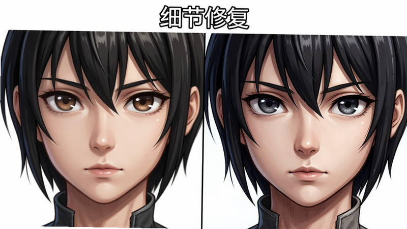 展示AI漫画细节修复前后的对比图,左侧为普通生成图,右侧为修复后的高清图,主体为动漫角色面部特写,布局左右分屏,排版对称,风格为写实与动漫结合,细节突出,画质极高,干净背景,文字“细节修复”