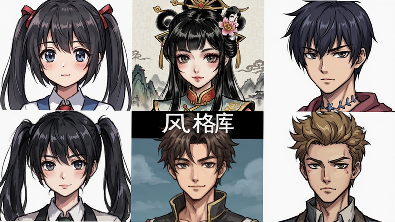 展示多种漫画风格对比的九宫格图片,主体为不同风格的动漫角色头像,布局为3x3网格,排版整齐,风格涵盖日系、国风、欧美等,细节丰富,画质高,干净背景,文字“风格库”标注