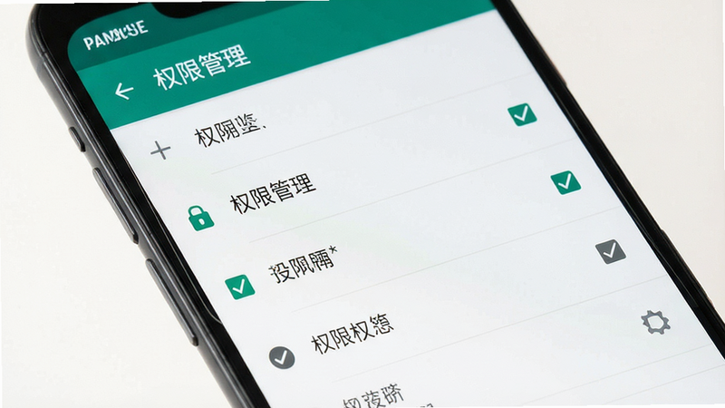 展示手机设置权限界面的示意图,主体为安卓系统设置菜单,布局为列表形式,排版清晰,风格为系统原生UI,细节包含勾选框,画质清晰,干净背景,文字“权限管理”