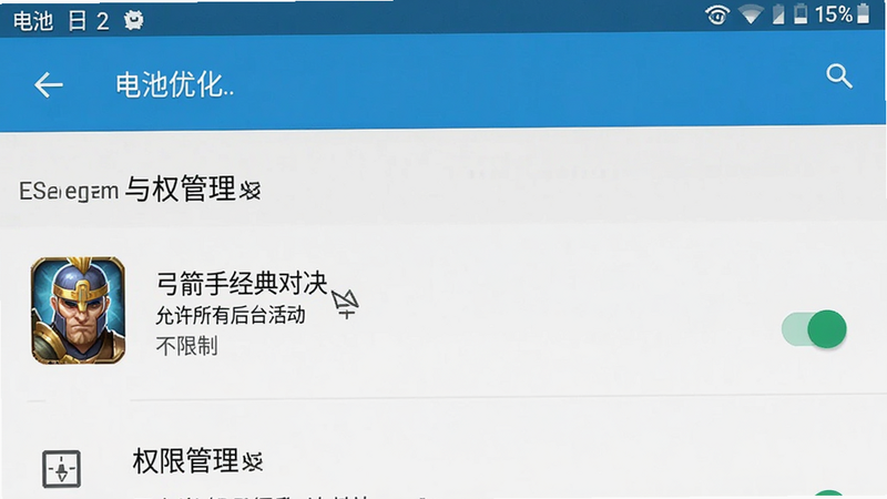 主体为手机设置界面截图,显示电池优化与权限管理页面,布局为列表形式,突出显示“弓箭手经典对决”的选项,排版清晰,风格为安卓原生UI,细节展示“允许所有后台活动”与“不限制”的选中状态,画质清晰,干净,无多余元素