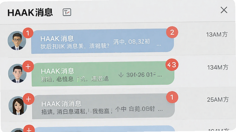 主体为HAAK消息列表界面,布局清晰,显示多条未读消息气泡,部分消息带有红色角标提示,背景为浅灰色,风格简洁,细节包括时间戳和头像,画质清晰,干净,文字标注