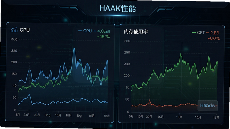 主体为HAAK应用运行状态监控界面,布局显示CPU和内存使用率图表,背景为深色科技风,细节包括实时数据波动曲线,画质高清,干净,文字标注