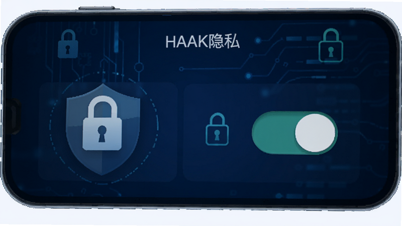 主体为HAAK隐私设置界面,布局包含锁形图标和开关按钮,背景为深蓝色科技感风格,细节突出盾牌符号和加密标识,画质高,干净,无多余元素,文字标注