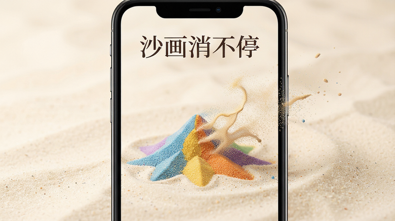 主体为手机屏幕中央显示的游戏界面,背景是柔和的米白色沙质纹理,屏幕中间有彩色的沙粒堆叠形成的图案正在消散,周围环绕着细腻的沙粒飞溅特效,布局简洁居中,排版清晰,风格清新治愈,细节展现沙粒的颗粒感与流动感,画质高清,干净,无多余元素,文字“沙画消不停”位于顶部居中,字体优雅