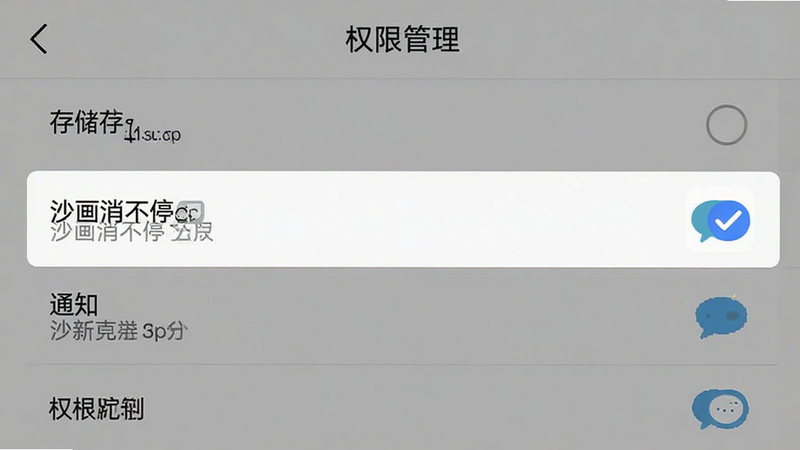 展示手机设置界面中的权限管理页面,高亮显示“沙画消不停”应用的权限选项,包括存储、通知等,布局清晰列表式,风格简洁扁平化,细节展现勾选状态,画质清晰,干净,无多余元素,文字“权限管理”位于顶部