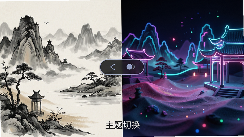 展示游戏内的主题切换界面,左侧是古典水墨风格的沙画场景,右侧是现代霓虹风格的沙画场景,中间是切换按钮,布局左右对称,排版简洁,风格对比鲜明,细节展现不同主题的色彩差异,画质高清,干净,无多余元素,文字“主题切换”位于底部居中