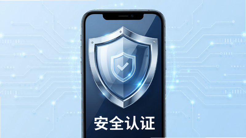 展示一个盾牌图标保护着手机界面,象征安全,背景为淡蓝色科技风,布局中心对称,风格现代简约,细节展现盾牌的光泽与手机屏幕的反射,画质高清,干净,无多余元素,文字“安全认证”位于底部