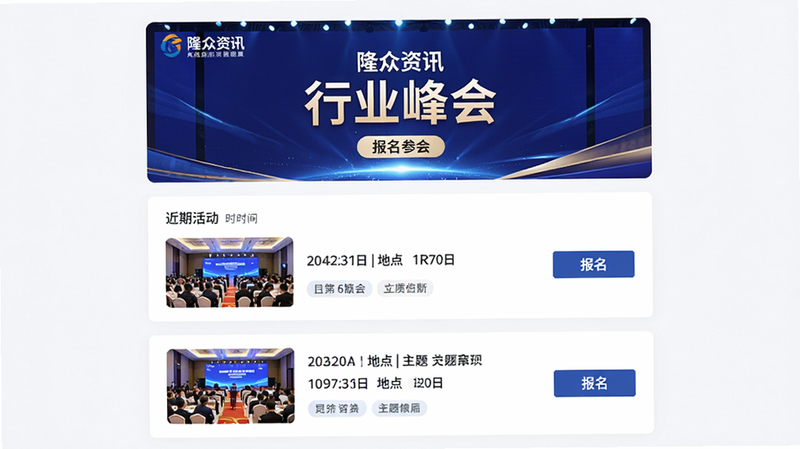 主体为隆众资讯会议活动页面,布局为卡片流式设计,顶部展示大型行业峰会横幅海报,中部为近期活动列表,包含时间、地点、主题及报名按钮,风格专业大气,细节包含会议照片缩略图与标签,画质精致,干净,无多余元素,文字内容包含“隆众资讯”、“行业峰会”、“报名参会”