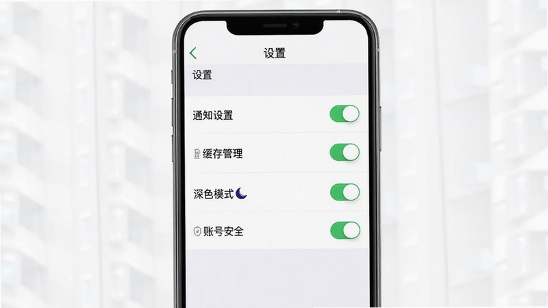 主体为隆众资讯手机端设置界面,布局为列表式菜单,包含“通知设置”、“缓存管理”、“深色模式”、“账号安全”等选项,风格极简,细节展示开关按钮状态,画质清晰,干净,无多余元素,文字内容包含“隆众资讯”、“设置”、“通知”、“缓存”