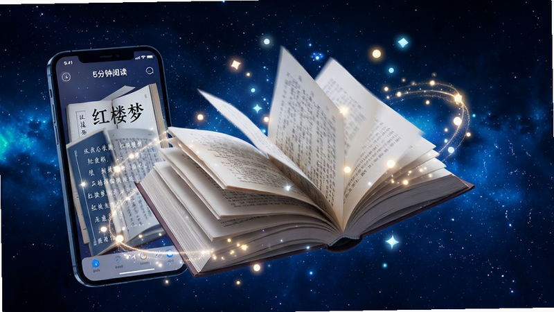 主体为一本打开的书籍悬浮在空中,书页翻飞,周围环绕着发光的知识点光点,背景为深蓝色星空,手机屏幕显示“5分钟阅读”APP界面,正在阅读《红楼梦》片段,布局动感,排版富有艺术感,风格梦幻科技感,细节闪耀,画质高清,干净,无多余元素