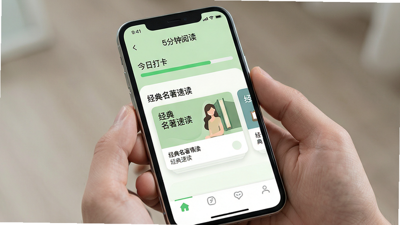 主体为一部现代智能手机,屏幕显示名为“5分钟阅读”的应用界面,界面设计简约清新,主色调为护眼浅绿色与白色,顶部显示“今日打卡”进度条,中间区域展示“经典名著速读”卡片,底部有导航栏,布局整齐,排版清晰,风格扁平化,细节精致,画质高清,干净,无多余元素