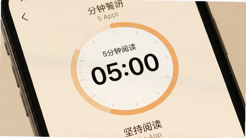 主体为手机屏幕特写,显示“5分钟阅读”APP内的计时器界面,数字“05:00”醒目居中,周围环绕着简洁的阅读进度圈,背景为柔和的米色,文字“坚持阅读”清晰可见,布局中心对称,排版极简,风格温馨治愈,细节柔和,画质细腻,干净,无多余元素
