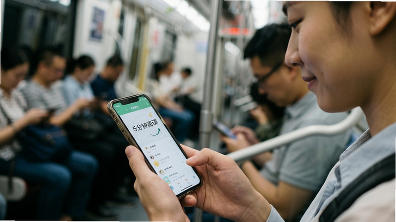 主体为一个人正在地铁上轻松使用手机阅读,手机屏幕显示“5分钟阅读”APP,周围人群模糊,突出主体的专注与轻松,布局前景清晰,背景虚化,风格生活化写实,细节自然,画质真实,干净,无多余元素