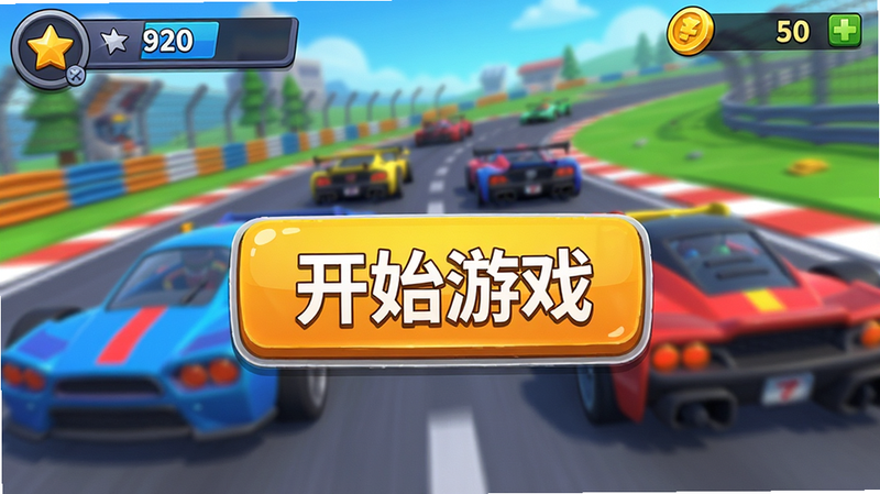一张《狂欢竞速》手游的主界面截图,展示中央巨大的“开始游戏”按钮,背景是模糊的赛车和赛道,顶部显示玩家等级和金币数量,整体风格为3D卡通渲染,色彩鲜艳,高清画质,无多余文字