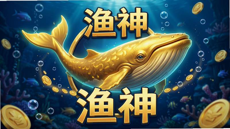 生成一张高质量3D游戏宣传海报,主体为‘渔神’手游Logo与一只巨大的发光黄金鲸鱼,背景是深邃蓝色的海底世界,周围环绕着金币与气泡特效,布局居中对称,排版大气,风格为写实3D渲染,细节丰富,画质4K高清,干净无多余元素,文字‘渔神’清晰可见