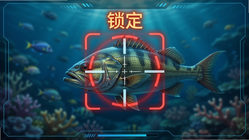 生成一张游戏界面示意图,显示瞄准十字准星锁定在一条大鱼身上,周围有红色锁定框特效,背景为模糊的海底,主体突出,布局聚焦中心,风格为科技感UI,细节清晰,画质锐利,干净无杂点,文字‘锁定’高亮显示