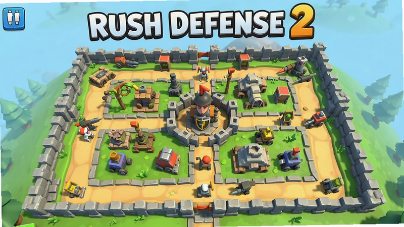 主体为Rush Defense 2游戏主界面,布局清晰展示基地与路径,排版简洁,风格为卡通3D渲染,细节丰富,画质高清,干净无多余元素,文字显示