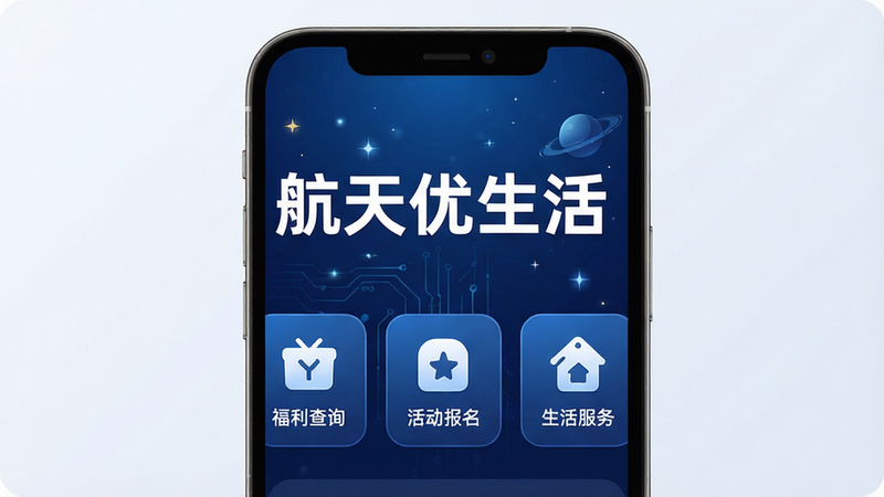 生成一张高清手机应用界面预览图,主体为航天优生活App首页,背景采用深蓝色科技风渐变,中央显示醒目的白色文字“航天优生活”,下方排列三个圆角矩形功能图标,分别标注“福利查询”、“活动报名”、“生活服务”,布局整洁对称,风格现代简约,细节清晰,画质8k,无多余元素