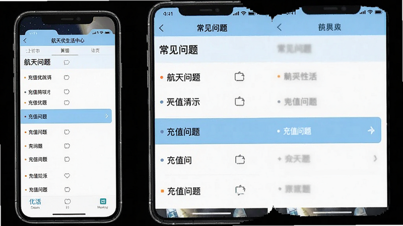 生成一张手机应用帮助中心界面图,显示航天优生活App的“常见问题”列表,其中“充值问题”条目高亮显示,背景浅蓝,文字黑色清晰,布局整齐,风格专业,画质清晰,无杂乱元素