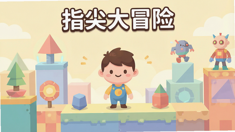 一张展示《指尖大冒险》游戏主界面的高清预览图,画面中央是可爱的卡通主角站在充满几何元素的关卡场景中,背景色彩明亮柔和,采用扁平化设计风格,构图简洁大方,突出游戏的核心玩法元素,画质清晰,无多余装饰元素,整体视觉风格干净、现代、温馨,适合移动端展示,文字“指尖大冒险”以醒目字体显示在顶部。