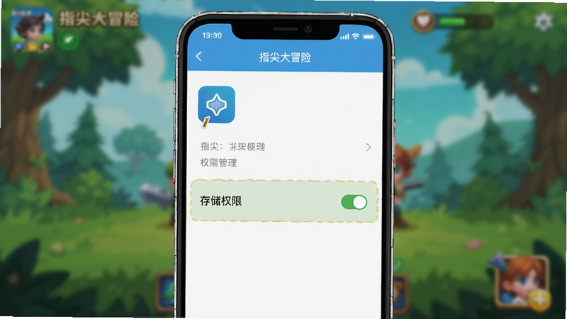 一张手机设置界面的示意图,显示《指尖大冒险》应用的权限管理页面,高亮显示“存储权限”已开启,背景为模糊的游戏画面,风格简洁明了,旨在指导用户正确设置权限,画质清晰,无多余干扰元素,体现操作的规范性。