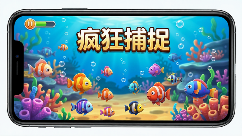 主体为手机屏幕展示的《疯狂捕捉》游戏主界面,布局中心显示3D卡通风格的海底世界场景,排版清晰,风格为明亮鲜艳的动漫游戏风,细节丰富包含各种鱼类和气泡特效,画质高清,干净无多余元素,文字“疯狂捕捉”居中显示