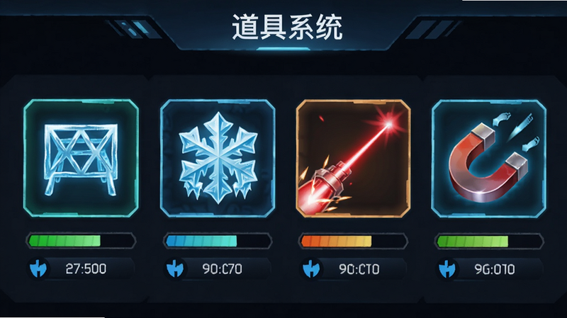 主体为游戏道具栏界面,布局横向排列四个发光图标,分别代表网、冰冻、激光和磁铁,排版紧凑有序,风格为科幻游戏UI,细节展示每个道具的能量条和冷却倒计时,画质细腻,干净无多余元素,文字“道具系统”位于顶部