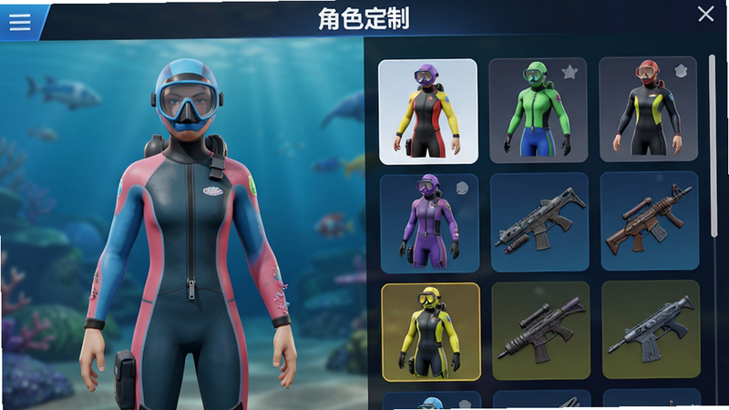 主体为角色装扮界面,布局左侧显示角色3D模型,右侧为装备列表,排版整洁,风格为时尚游戏商城,细节展示角色穿着不同颜色的潜水服和手持不同武器,画质精致,干净无多余元素,文字“角色定制”在标题栏