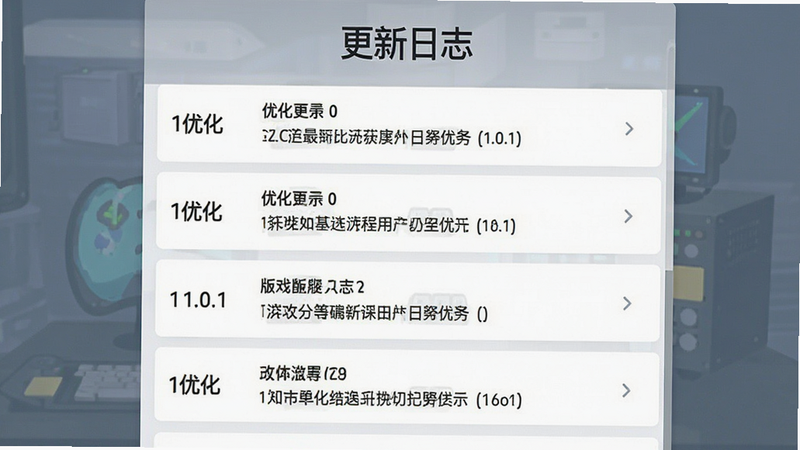 主体为游戏版本更新日志页面,布局为垂直列表,排版整洁,风格为扁平化设计,细节展示版本号1.0.1及优化条目,画质清晰,干净无多余元素,文字“更新日志”在顶部