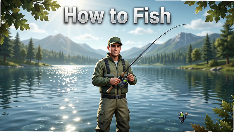 主体为How to Fish游戏主界面,布局居中显示一位穿着钓鱼服的角色手持鱼竿,背景是波光粼粼的湖泊与远处的山峦,排版简洁大气,风格为高清写实游戏宣传图,细节丰富展现水面反光与树叶纹理,画质极高,干净,无多余元素,文字标注'How to Fish'