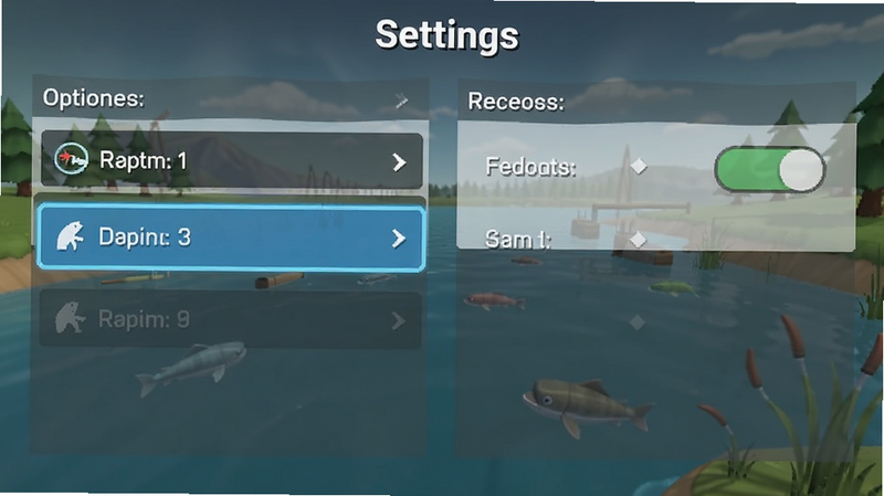 主体是How to Fish游戏内的设置界面截图,布局展示画质选项与音效开关,排版整齐清晰,风格为简洁UI设计,细节突出高亮选中的选项,画质清晰,干净,无多余元素,文字标注'Settings'