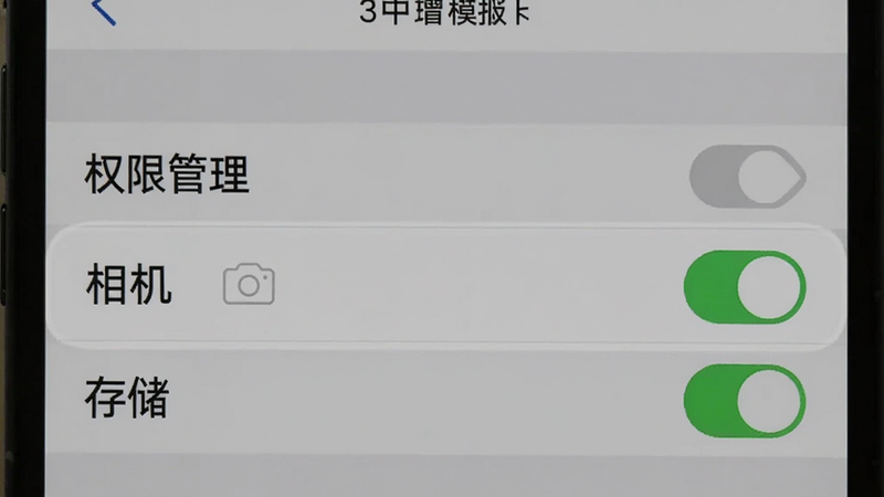 模拟手机设置界面,重点高亮显示“权限管理”中的“相机”和“存储”开关处于开启状态,界面清晰,字体醒目,背景为浅灰色,体现安全设置的重要性,高清,无广告