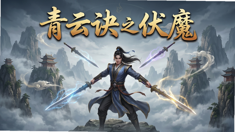 主体为游戏《青云诀之伏魔》的主视觉海报,布局采用中心对称式,排版清晰醒目,风格为东方仙侠写实风,细节展现云雾缭绕的山峰与飞舞的仙剑,画质8k高清,干净无多余元素,文字“青云诀之伏魔”置于顶部居中,字体古风书法,颜色金色渐变