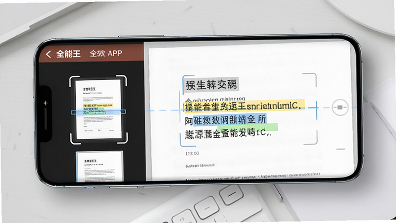 主体为一部现代智能手机横屏展示全能王APP界面,背景为浅灰色办公桌面,布局整洁,左侧显示扫描后的文档缩略图,右侧为预览大图,排版清晰,风格简约商务,细节包含扫描框线与识别文字高亮,画质高清,干净无多余元素