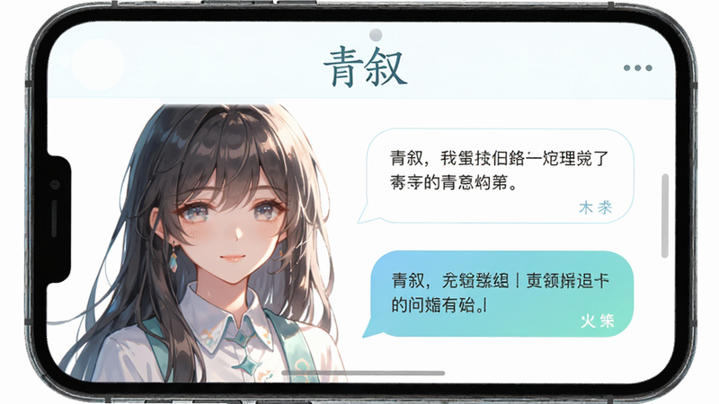 主体为手机屏幕展示青叙APP界面,布局为左侧角色立绘右侧对话气泡,排版整洁有序,风格为清新唯美二次元,细节包括角色精致五官与柔和光影,画质高清8k,干净无多余元素,文字“青叙”居中显示