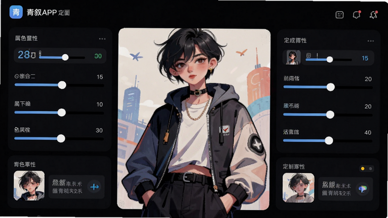 主体为青叙APP角色定制页面,布局为中央大立绘周围环绕属性滑块,排版模块化清晰,风格为时尚插画风,细节包括滑块数值与预览实时反馈,画质细腻,干净,无多余元素