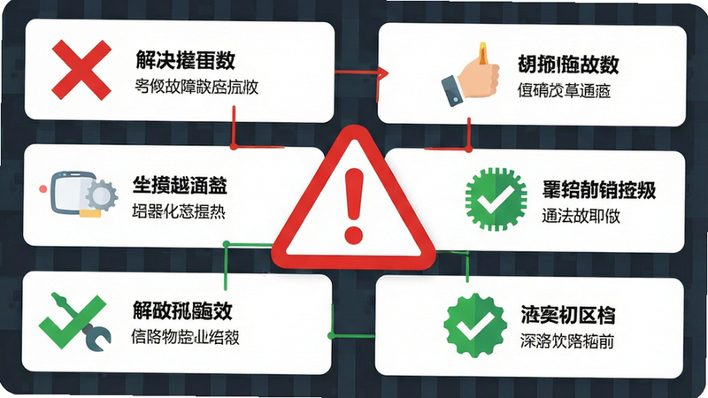 主体为手机故障排查界面示意图,布局为中央红色警告标志周围环绕解决步骤,排版警示感强,风格为扁平化UI设计,细节包括红色叉号与绿色对勾对比,画质清晰,干净,无多余元素