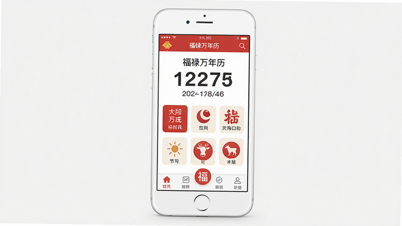 主体为一部白色智能手机,屏幕显示“福禄万年历”应用界面,布局为顶部日期大字展示,中部包含农历、节气、生肖图标,底部为功能导航栏,排版整洁对称,风格为清新扁平化设计,细节包含红色喜庆元素点缀,画质高清,干净,无多余元素